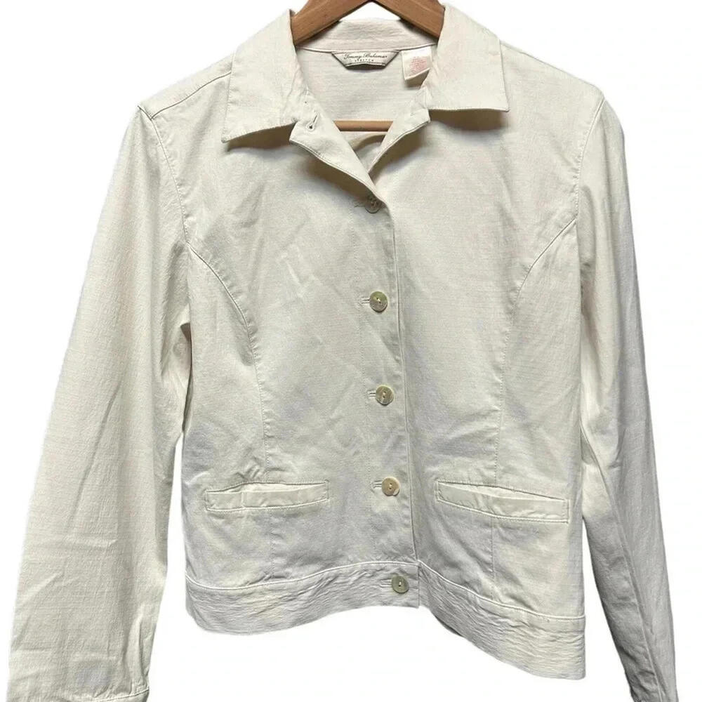 Tommy Bahama Womens Silk Beige Sea Shell Detail Size 8/10 medium Jacket Blazer.